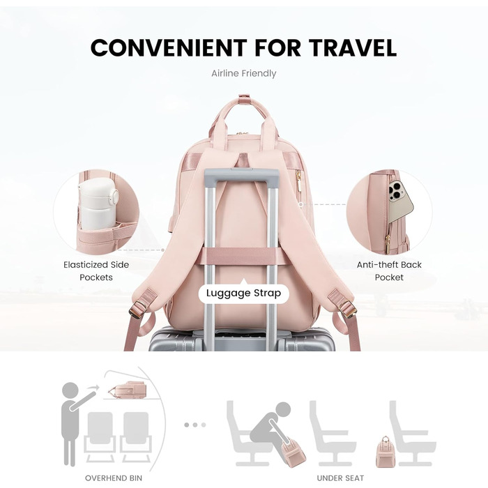 Стильний рюкзак LOVEVOOK для жінок: великий, з відділенням для ноутбука 15.6', ідеальний для навчання, роботи, подорожей (університет, офіс, робота, подорожі), чорний (рожевий)