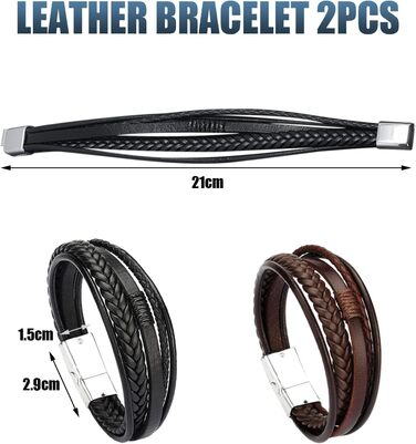 Чоловічий шкіряний браслет, чорний, персоналізований, чудовий подарунок (21 см)