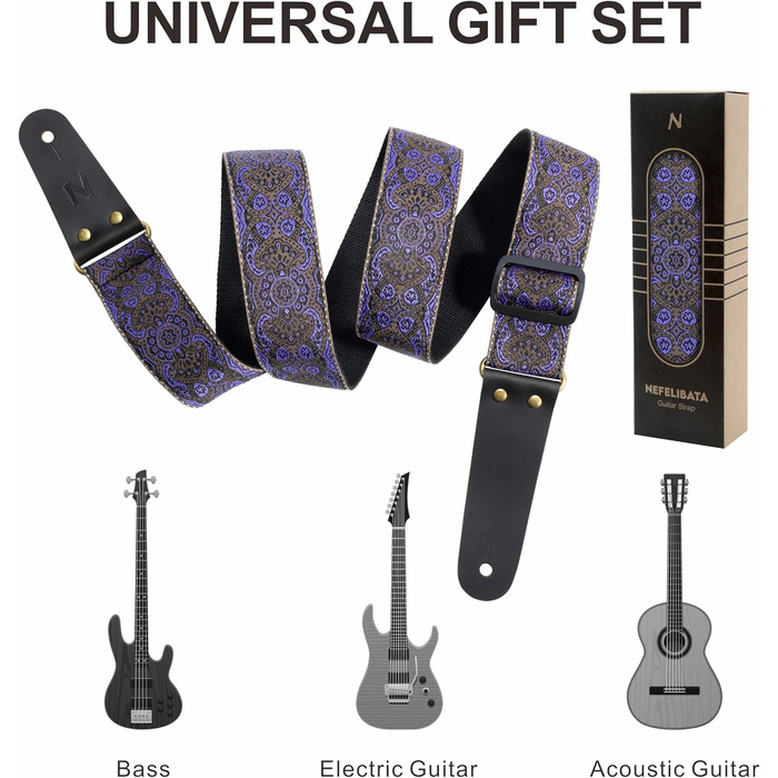 Гітарний ремінь Nefelibata Vintage з вишивкою, з натуральною шкіряною обробкою. Підходить для бас-гітари, електрогітари та акустичної гітари. У комплекті: кнопка для ременя, 2 фіксатори та 4 медіатори. Колір: аметистовий (#lila)
