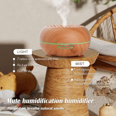 Дифузор Aroma Simpeak 550мл, ультразвуковий аромадифузор з дерева для ефірних олій, зволожувач повітря з пультом дистанційного керування, світло-коричневий