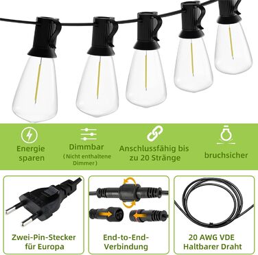 Світлодіодна гірлянда AzureStar для вулиці, 15 метрів, 2700K, ST38, IP44, для декору саду, балкону, вечірки, фестивалю