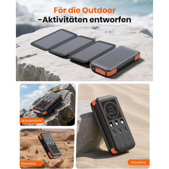 Портативний зарядний пристрій A ADDTOP Solar 25000mAh з сонячною панеллю, 20W, USB-C, 3 кабелі, для кемпінгу та подорожей