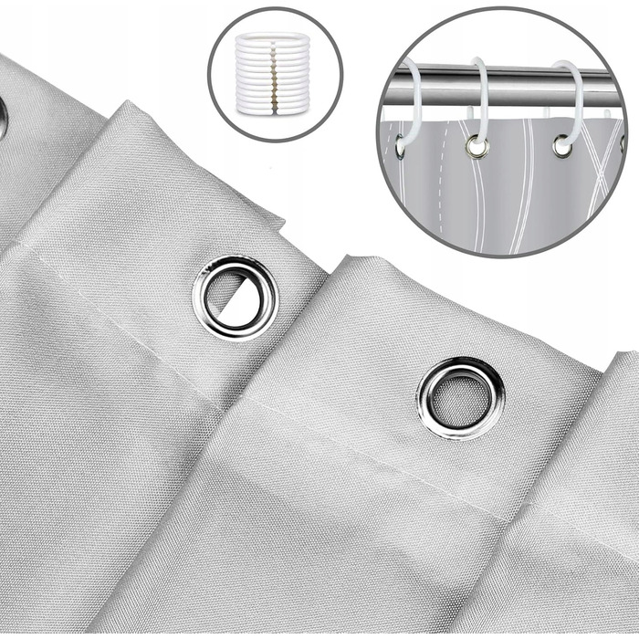 Сучасна текстильна штора для ванни, сіра, 180x200 см, з кільцями