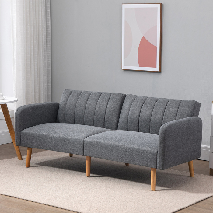 HOMCOM Sleeper Sofa, Convertible Sofa for 2 People, Sofa Bed with Sleeping Function, Linen-like Polyester, Rubber Wood, Grey, 173x75x73cm | Aosom