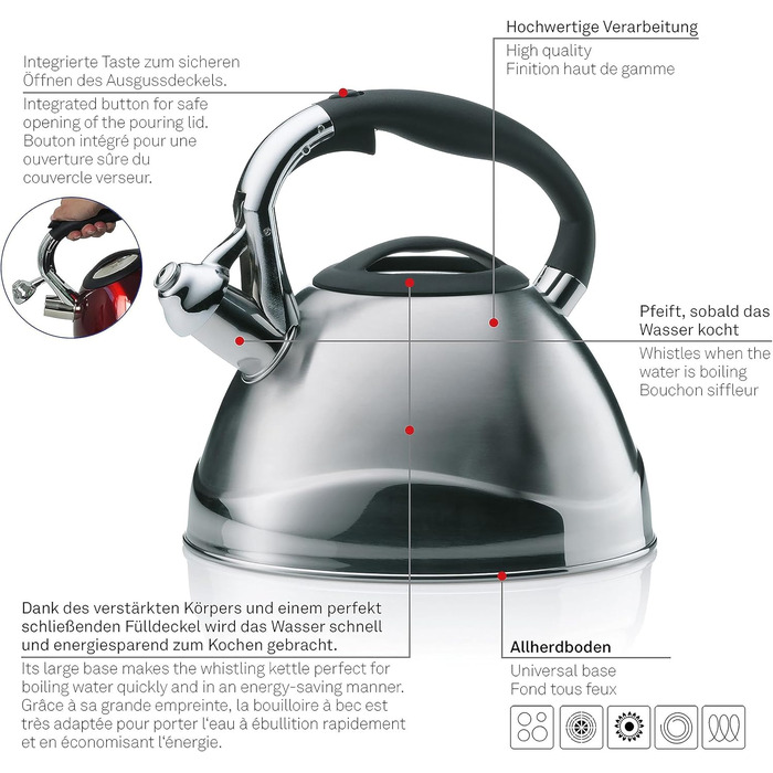Kela Induction 3 L, Stainless Steel Camping Kettle, with secure pouring lid opening via button, VARUS, Polished Teakettle, Silver, Silver Single
