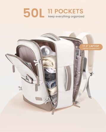 LOVEVOOK Рюкзак для ручної поклажі 40л, для подорожей, з відділенням для мокрого та сухого, для ноутбука, 45x36x20 см (Бежевий Хакі)