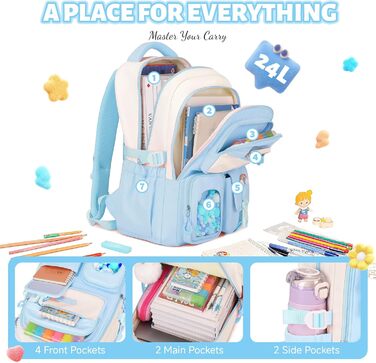 Шкільний рюкзак для дівчаток-підлітків з помпоном, тролейова петля та світловідбивачі. Великий рюкзак для школи та подорожей (блакитний).