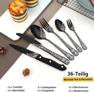 Black Cutlery Set for 6 People, HONKKU 36-Piece Stainless Steel Cutlery Set with Steak Knives, Eating Utensil Set Mirror Polished with Floral Patterns, Fork Spoon Knife Set Dishwasher Safe