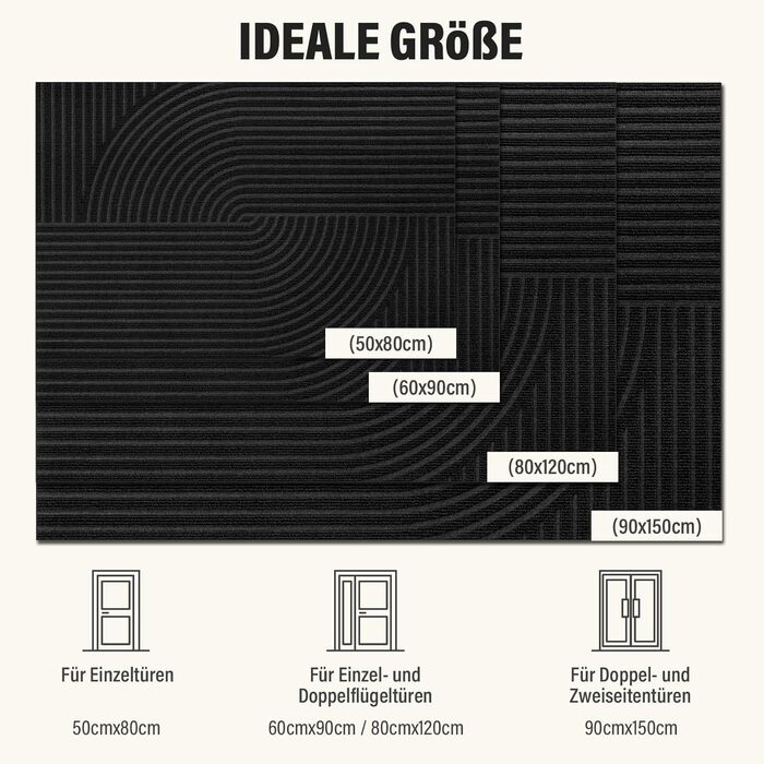 Привітальний килимок FEOMOS 60x90 см, протиковзний грязезахисний килим для входу, коридору, кухні та балкона, чорний, придатний для прання