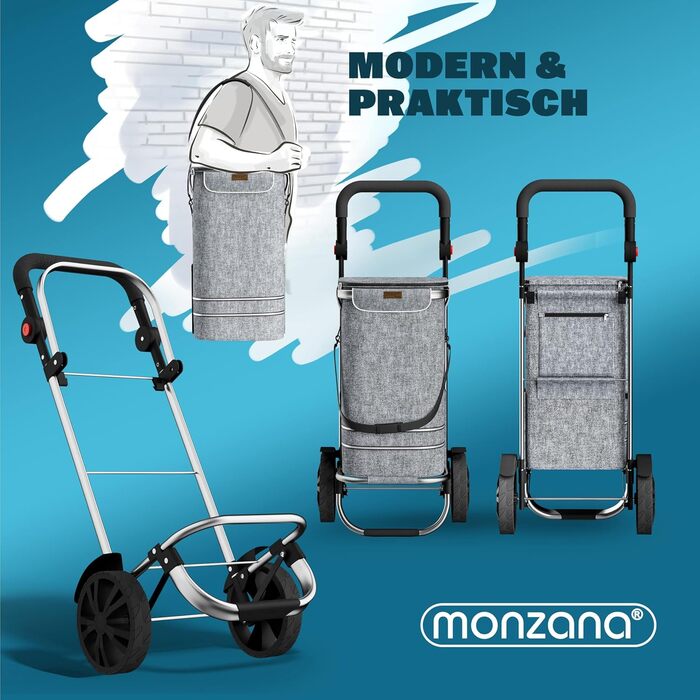 MONZANA® Тріо-тележка для покупок 56л, до 50 кг, складна, знімний мішок, ручний вагончик, допомога у покупках (Сірий)
