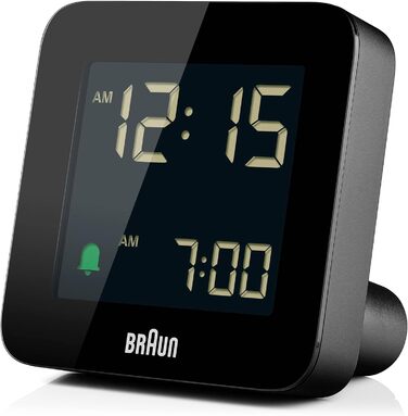 Braun Digital Alarm Clock with Snooze Function, Negative LCD Display, Quick-Set Function, Crescendo Alarm in Black, Model BC09B.