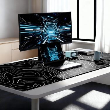 Великий килимок для столу 800x400 мм - ігровий килимок для миші з прошитими краями, неслизька підкладка, килимок для клавіатури та миші Black & White Abstraction (Топографічна лінія)