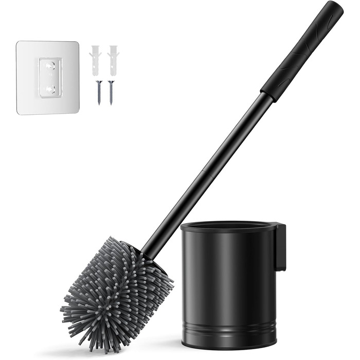 Набір для чищення унітазу Hamitor: щітка з силікону та нержавіючої сталі, кріплення на стіну без свердління, швидке висихання, для ванної кімнати (Чорний)