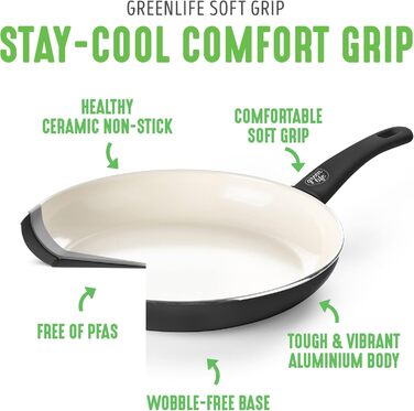 Набір кухонного посуду GreenLife Soft Grip, 23 предмети, керамічне антипригарне покриття, PFAS-вільний, для кухні, чорний, можна мити в посудомийній машині