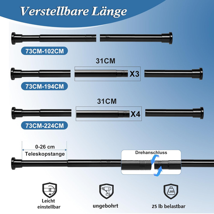 Штанга для душу без свердління 73-224 см, висувна штанга для ванної кімнати, чорна