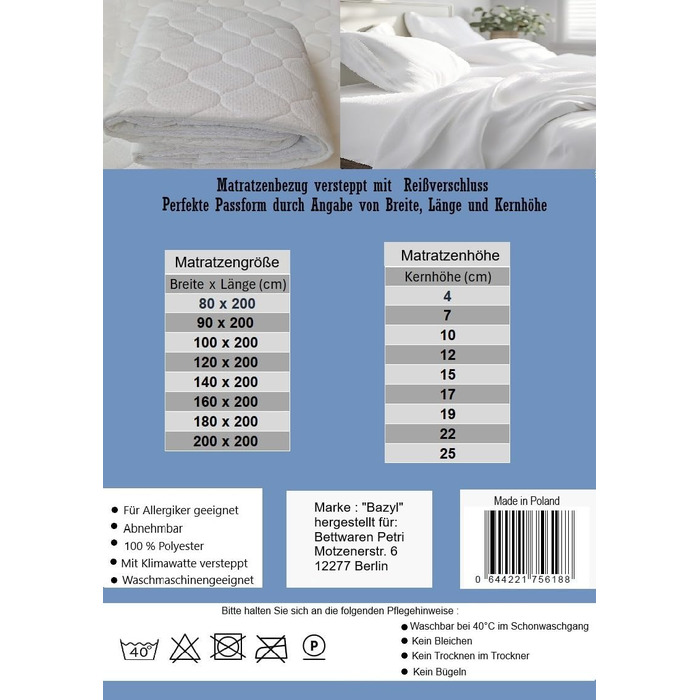 Mattress cover 180 x 200 cm. Quilted mattress protector with zipper. Various thicknesses (180 x 200 x 4 cm)