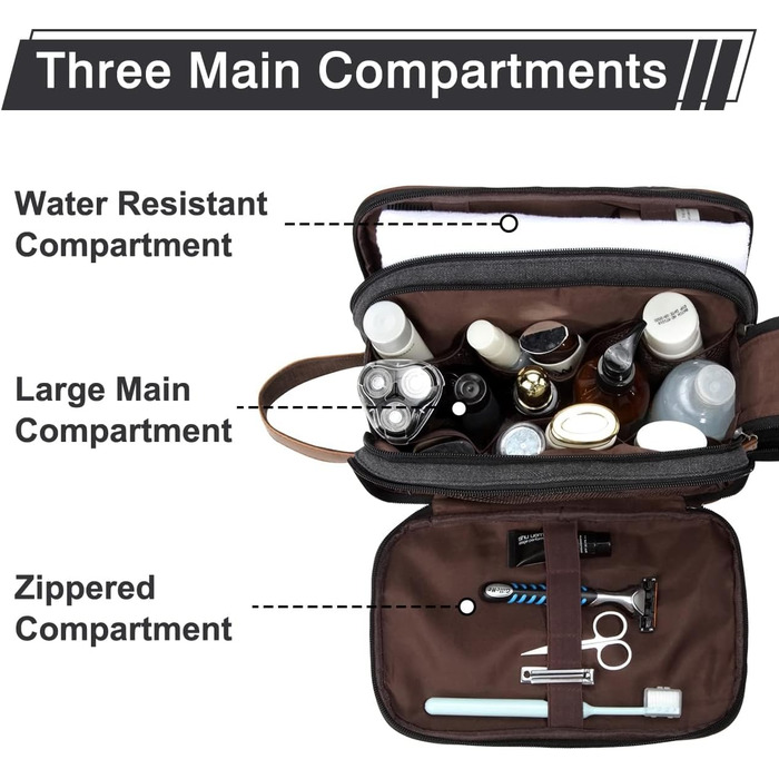 KASGO Toiletry Bag for Men and Women - Large Travel Toiletry Bag, Water-Resistant Cosmetic Bag with 3 Compartments and Leather Holder, for Bathroom, Gym, and Travel, Dark Grey