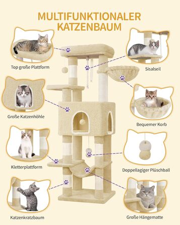 Дерев'яний будиночок для котів Hzuaneri Kratzbaum, 149 см, з 5 стовпчиками для шліфування, платформами, затишною печерею, багатоповерховий центр активності для котів, помпонами, бежевий (MS14918LG)