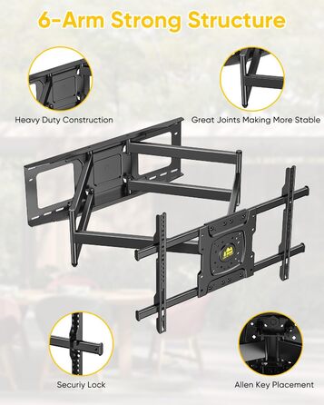 Настінне кріплення для телевізора HY-Bracket поворотне, для LED, OLED, 4K, 37-80 дюймів, чорне, з подовженим кронштейном (для дерев'яних стін)