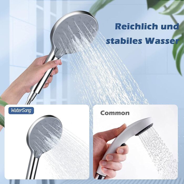 Showerhead Set, 3 Functions, Liquid Silicone - Showerhead Set with Hose and Holder, High Pressure and Water-Saving, Universal with G1/2 inch Connection, Chrome Showerhead for All Family Members (3 Spray Patterns)
