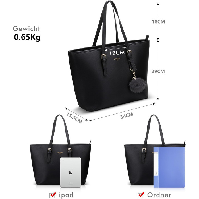 Стильна жіноча сумка-шопер LI&HI для навчання та міста, чорна з помпоном 34x29x15.5 см