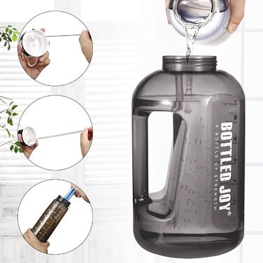Water bottle with straw, 1 Gallon / 3.5L BPA-Free Leak-Proof Plastic Sports Bottle, Water Bottle with Time Markers, Drinking Bottle for Fitness, Office, Outdoor, Home (Black, 2500 ml)