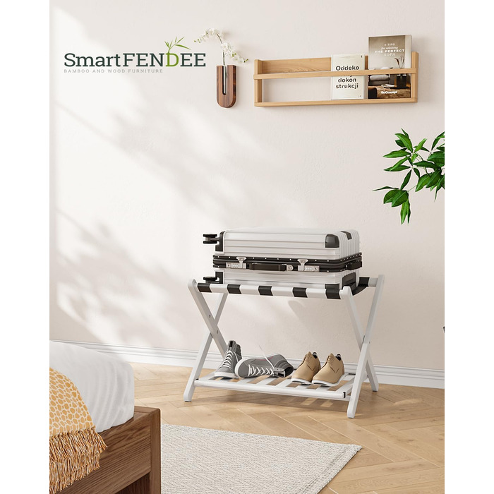 Fully assembled bamboo luggage rack with 5 straps, 2-tier foldable suitcase stand, wide wooden luggage rack, foldable luggage shelves, ideal for guest rooms, bedrooms, hotels, (100% solid bamboo)