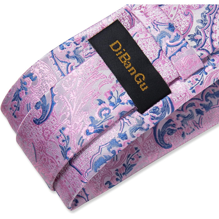 Краватка чоловіча DiBanGu Paisley шовкова, рожево-блакитна + хустинка + запонки + зажим для краватки для вечірки, випускного