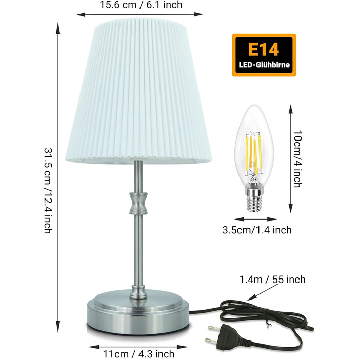 Торшер на тумбочку з сенсорним керуванням, регульована яскравість, 31.5 см, ретро стиль, для вітальні, спальні, нічник, подарунок (срібний)