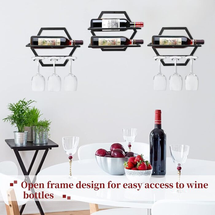 Metal Wall Mounted Wine Holder Stemware Glass Rack, 2Pcs Hanging Glass Wine Rack Wall Mount Red Wine Rack Organizer with 3 Stem Glass Holders for Home Kitchen Bar Display Decor (AA)