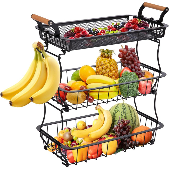 Металевий фруктовий кошик на 3 яруси з підставкою для бананів - чорний | Для кухні, обідньої зони, комори