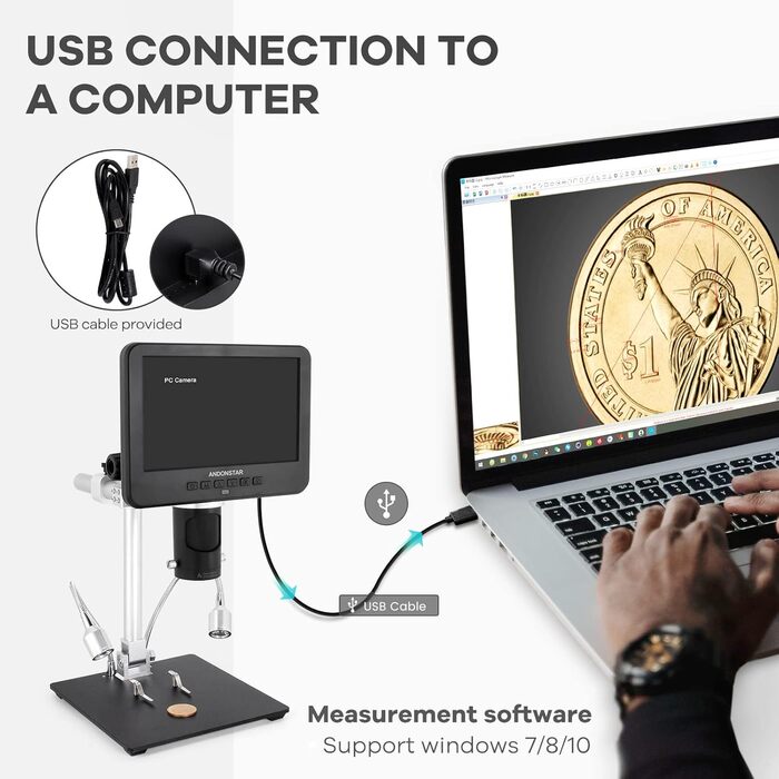 Цифровий мікроскоп Andonstar AD246S-M з 7-дюймовим екраном, 2000x, 3 об'єктиви, запис 2160P UHD, 32GB карта пам'яті