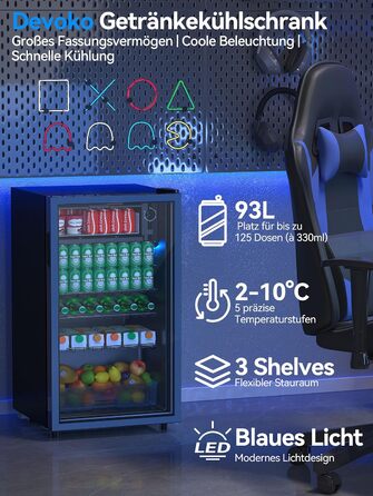 Холодильник для напоїв Devoko 93L з LED-підсвіткою RGB, регульовані полиці, для дому, офісу, вечірок та HoReCa, міні-бар, чорний