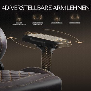 Ігровий крісло Dowinx з PU шкіри, масажна поперекова підтримка та підніжка, регулювання 90°-170°, до 200 кг, для дому та геймінгу (колір: коричневий, 4D)