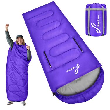 Спальний мішок Sportneer Outdoor для дорослих, теплий ковдувальний спальник на 3-4 сезони для кемпінгу та подорожей (220x85 см, фіолетовий, 10-26 °C)