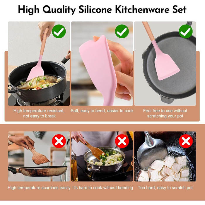 Набір кухонних аксесуарів Howephofly: 23 штуки з силікону, антипригарні, з дерев'яними ручками, включає гачки, рожевий колір