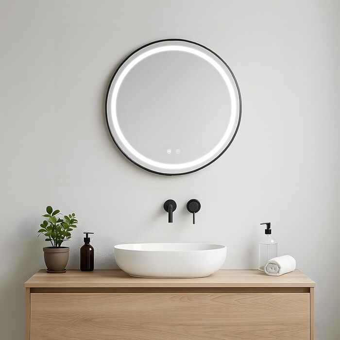 LED дзеркало для ванної кімнати з підсвічуванням, кругле, регульоване, 3 кольори світла (3500K-6500K), сенсорне керування, запобігання запотіванню, для макіяжу та гоління (діаметр 50 см)