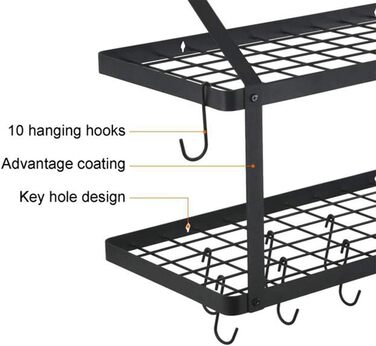 Warmiehomy Kitchen Wall Pot Rack, Wall Shelf Kitchen with 10 Hooks, 2-Layer Pot Pan Organizer, Hanging Spice Rack, Wall Mounted Kitchen Utensil Holder Kitchen Shelf (74.9x34.8x58.9 cm)