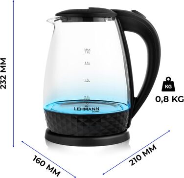 Скляний електрочайник Lehmann LHOEK-2220C 2л, 2200W з підсвіткою та декорованим цоколем