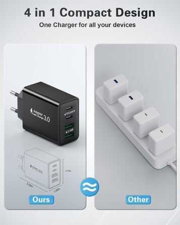 Мережевий адаптер USB C, 40W, 4 порти, швидка зарядка, універсальний зарядний пристрій для iPhone, iPad, Samsung та інших телефонів, білий/чорний (2 шт.)