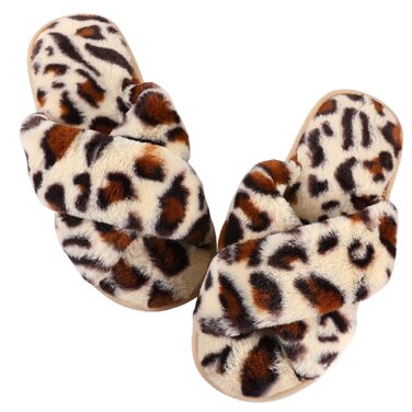 Тапочки жіночі Ankis Hausschuhe з плюшу, теплі зимові, з перехресними ремінцями, з піною Memory, відкриті пальці, пухнасті, для дому та вулиці (білий, чорний, сірий, рожевий, верблюжий), білий (38/39 EU, леопард)