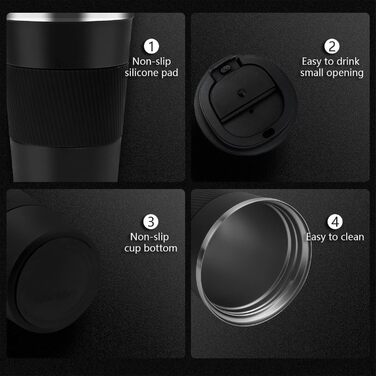 Термокружка для кави з кришкою, 380 мл, з подвійними стінками, з нержавіючої сталі, для гарячих та холодних напоїв, кави, води та чаю (чорна)