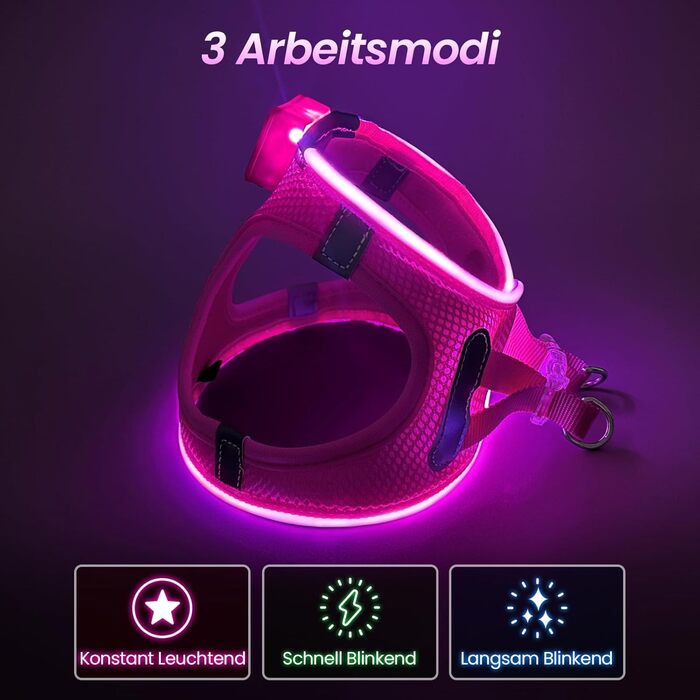 Світловідбиваючий нашийник для собак PcEoTllar з LED підсвічуванням, рожевий (3 режими)