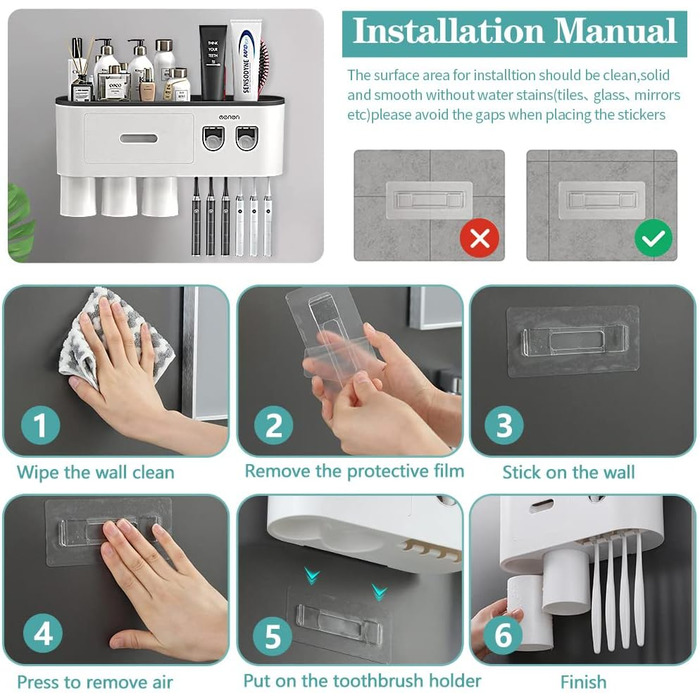 Wall-Mounted Toothbrush Holder with 2 Automatic Toothpaste Dispensers, 6 Toothbrush Slots, 3 Magnetic Cups, 1 Storage Drawer, and Large Storage Shelf