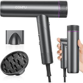 CONFU Professional Ionic Hair Dryer - 1700W Foldable Salon Hair Dryer with Diffuser & Styling Nozzle - Quiet, Long Cord for Home, Salon & Travel
