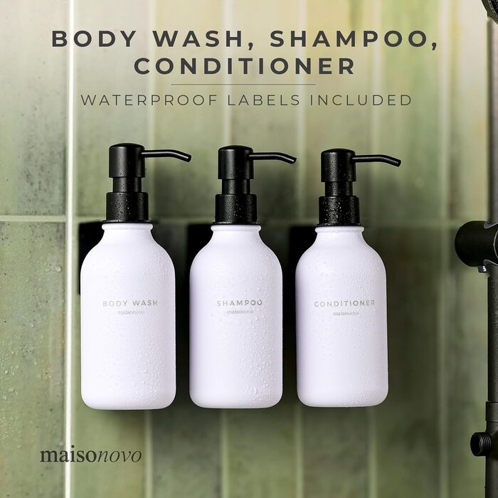 Шампунь MaisoNovo: Набір з 3 флаконів (500 мл) для душу та миття рук, настінний диспенсер, чорний насос, прозорий/чорний X 3