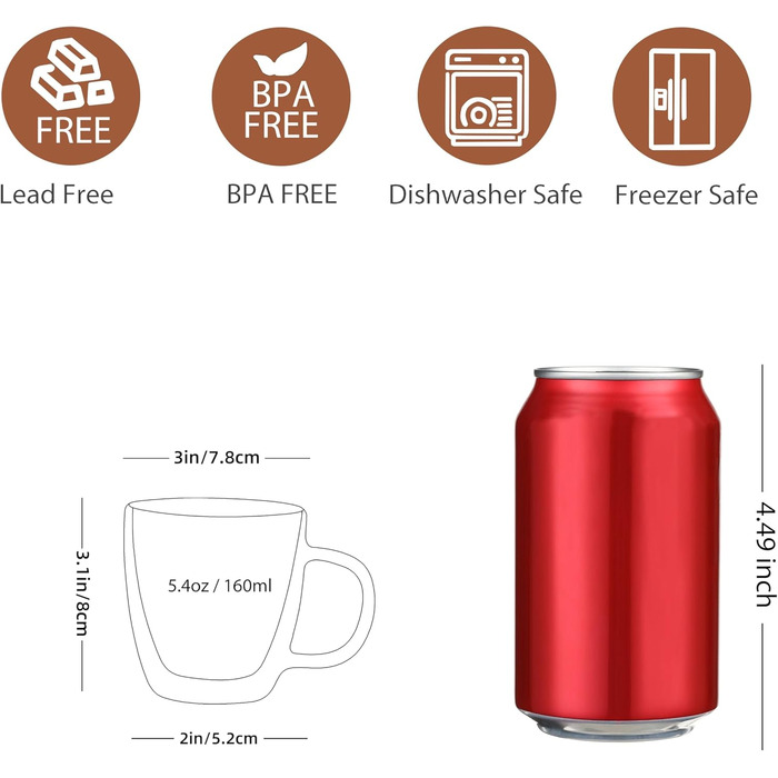 CNGLASS Double-Walled Espresso Cups 160ml/5.4oz, Insulated Coffee Glasses 6-Piece Set, Clear Cups with Handles, Tea Cups for Cold and Hot Drinks