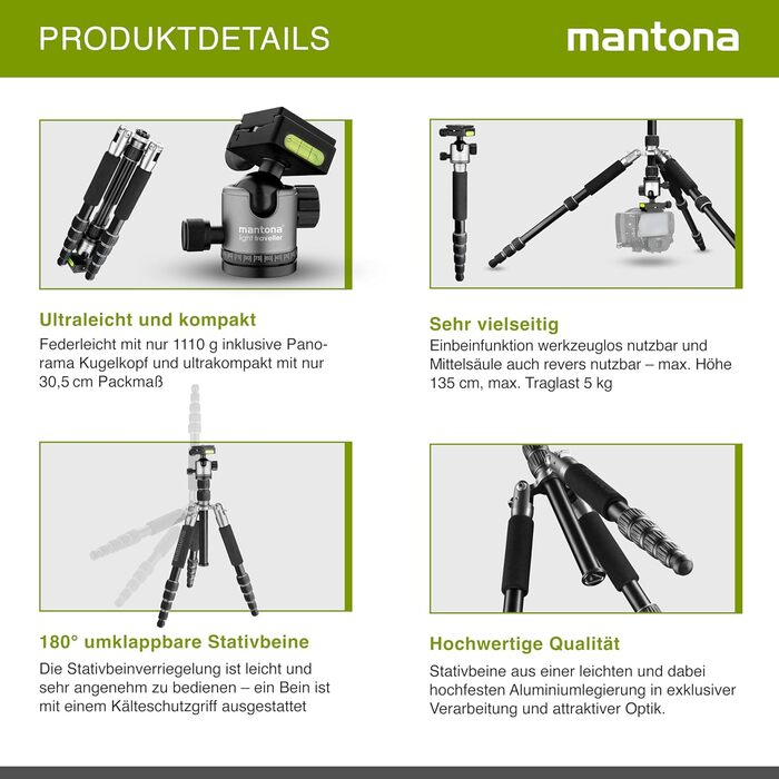 Штатив Mantona Light Traveller 131.5 см: легкий фотоштатив з кульковою головкою та Arca-Swiss