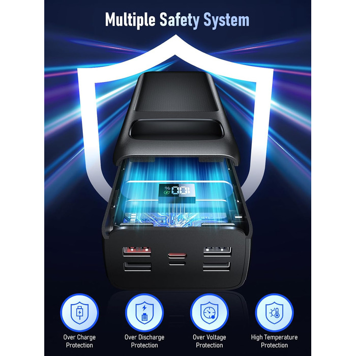 Портативний зарядний пристрій Power Bank 50000mAh з PD 30W, LED-дисплеєм, 7 виходами, ліхтариком та USB-C кабелем. Чорний.