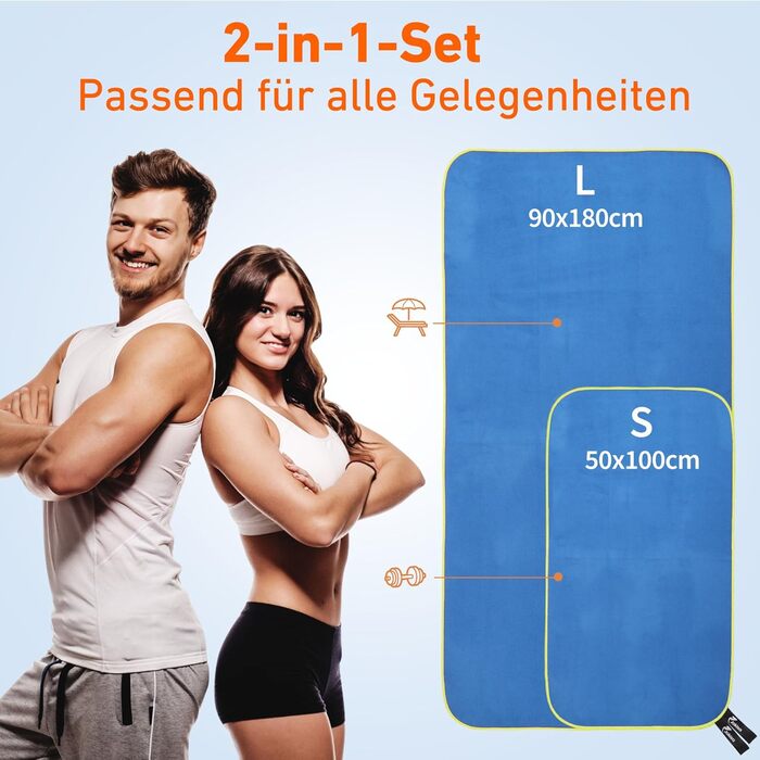 Набір з 2 рушників з мікрофібри (180x90 см + 100x50 см), швидковисихаючі, без піску, для пляжу, спорту, фітнесу, кемпінгу, темно-сірий - зелений (зелений - блакитний)